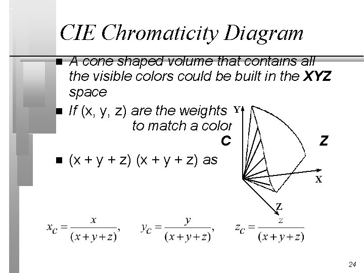 CIE Chromaticity Diagram n n n A cone shaped volume that contains all the