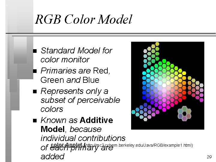 RGB Color Model n n Standard Model for color monitor Primaries are Red, Green