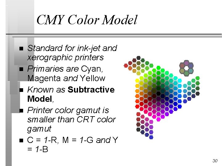 CMY Color Model n n n Standard for ink-jet and xerographic printers Primaries are