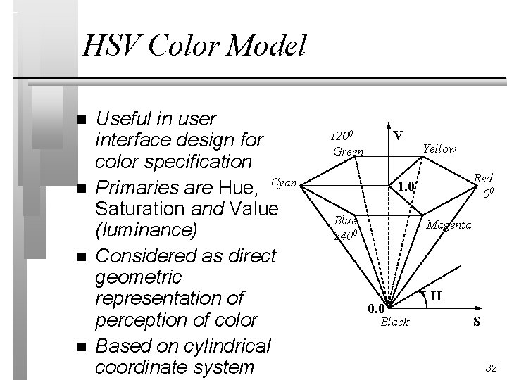 HSV Color Model n n Useful in user interface design for color specification Primaries