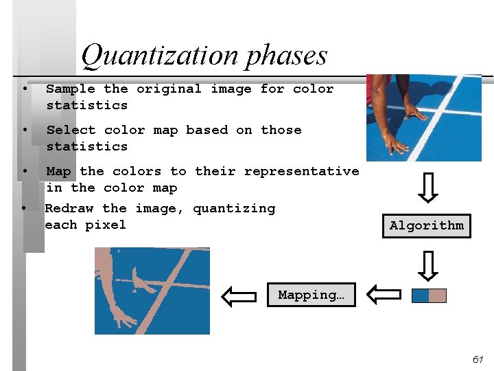 Quantization phases • Sample the original image for color statistics • Select color map