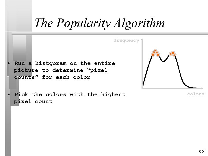 The Popularity Algorithm frequency • Run a histgoram on the entire picture to determine