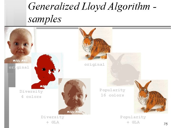 Generalized Lloyd Algorithm samples original Diversity 4 colors Diversity + GLA Popularity 16 colors