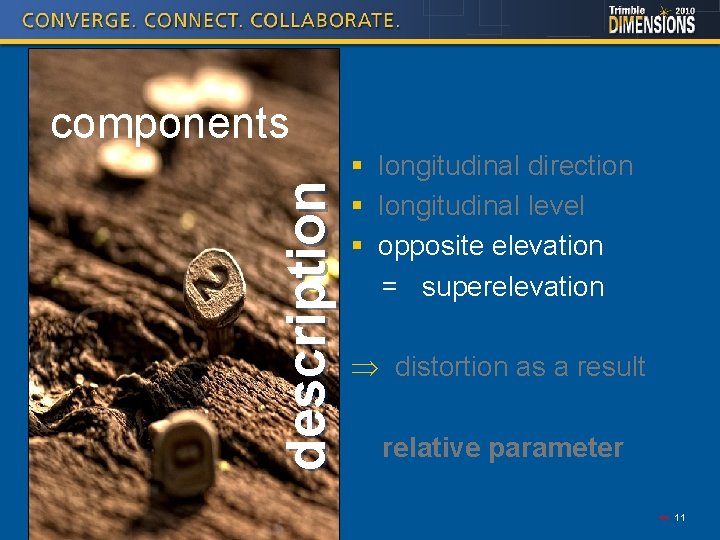 description components § longitudinal direction § longitudinal level § opposite elevation = superelevation Þ