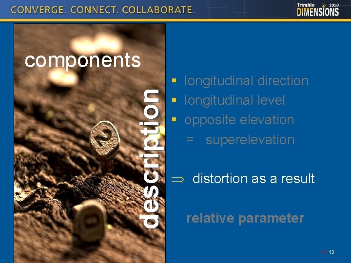 description components § longitudinal direction § longitudinal level § opposite elevation = superelevation Þ