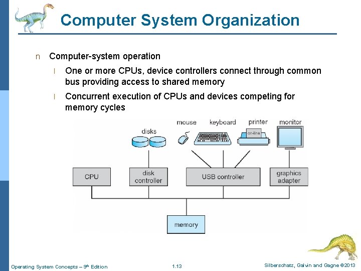 Computer System Organization n Computer-system operation l One or more CPUs, device controllers connect