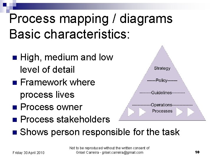 Process mapping / diagrams Basic characteristics: High, medium and low level of detail n