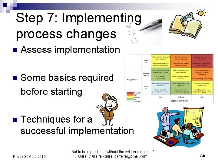 Step 7: Implementing process changes n Assess implementation n Some basics required before starting