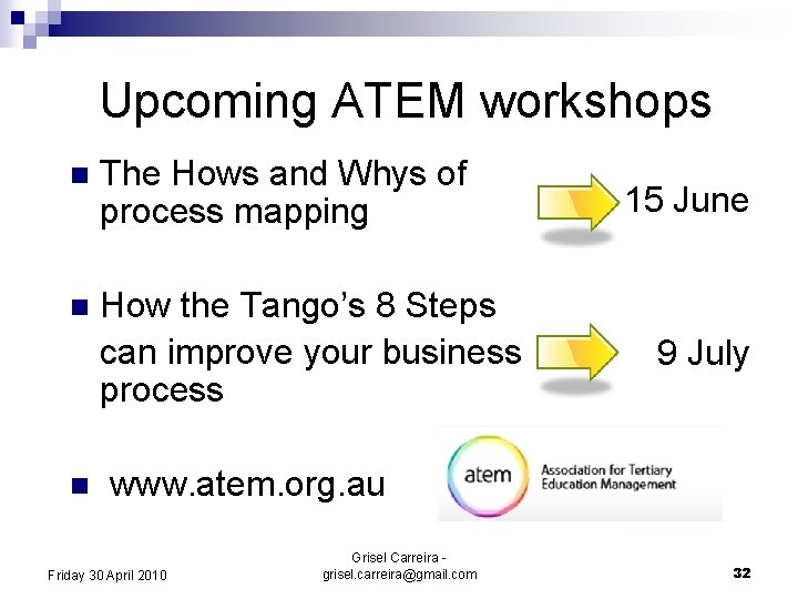 Upcoming ATEM workshops n The Hows and Whys of process mapping n How the