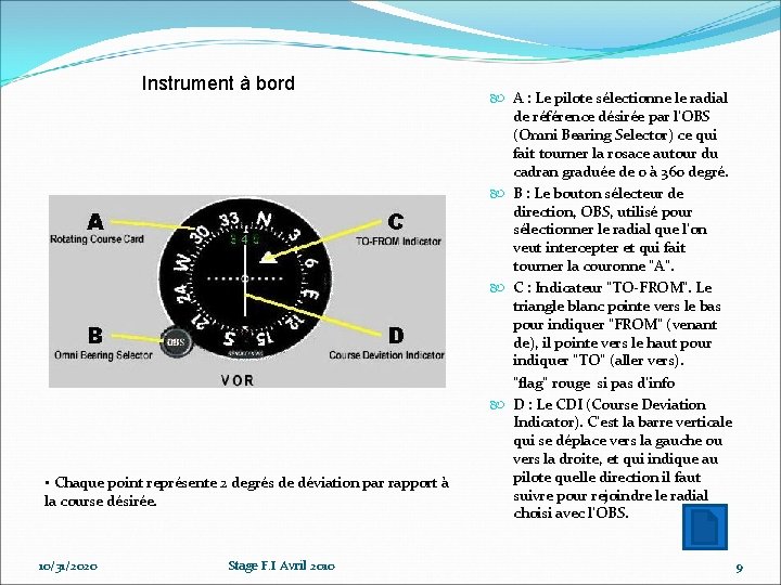 Instrument à bord • Chaque point représente 2 degrés de déviation par rapport à Instrument à bord • Chaque point représente 2 degrés de déviation par rapport à