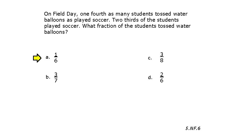 On Field Day, one fourth as many students tossed water balloons as played soccer.