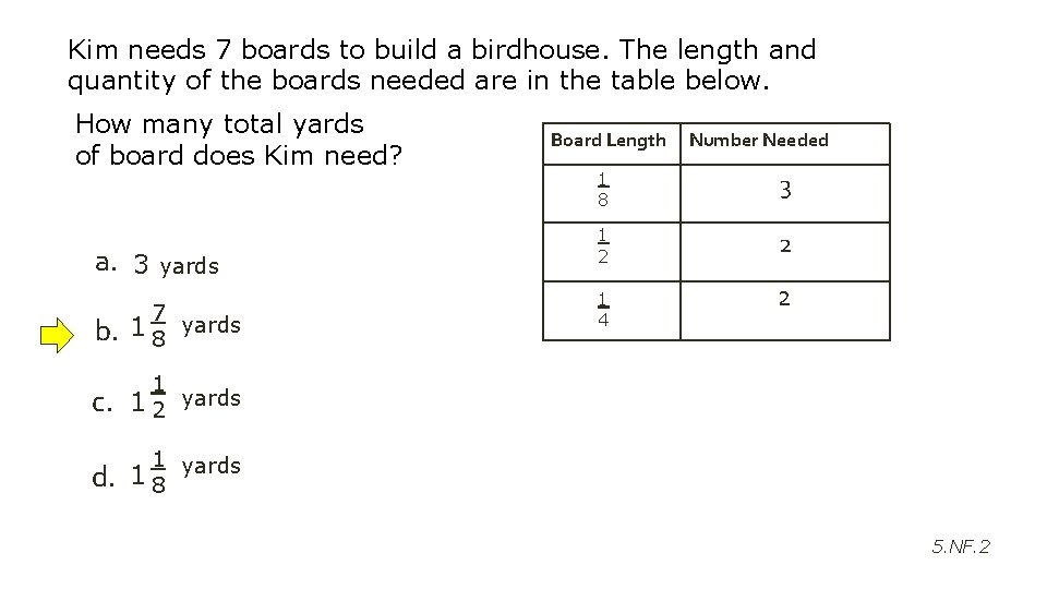 Kim needs 7 boards to build a birdhouse. The length and quantity of the