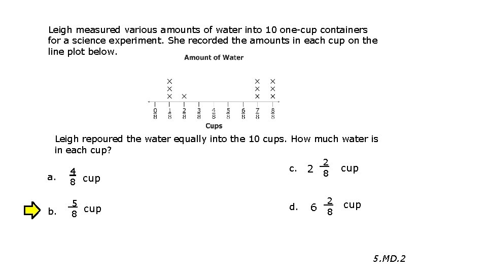 Leigh measured various amounts of water into 10 one-cup containers for a science experiment.