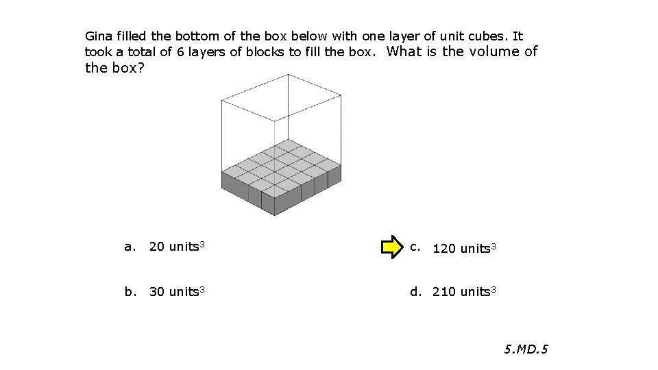 Gina filled the bottom of the box below with one layer of unit cubes.