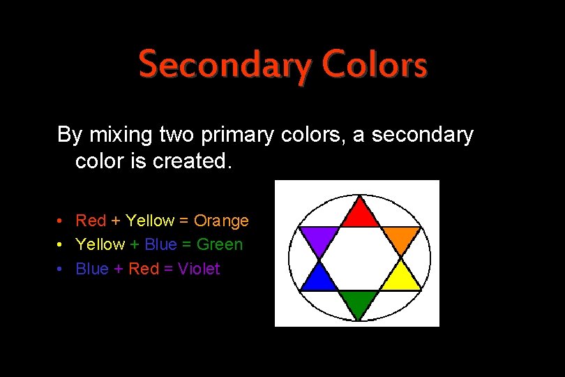 Secondary Colors By mixing two primary colors, a secondary color is created. • Red