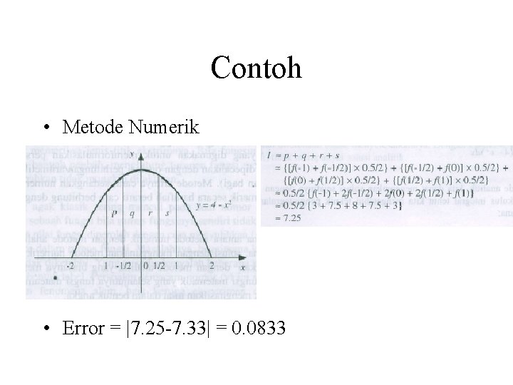 Contoh • Metode Numerik • Error = |7. 25 -7. 33| = 0. 0833 Contoh • Metode Numerik • Error = |7. 25 -7. 33| = 0. 0833