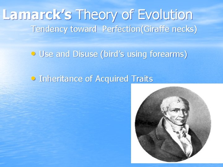 Lamarck’s Theory of Evolution Tendency toward Perfection(Giraffe necks) • Use and Disuse (bird’s using