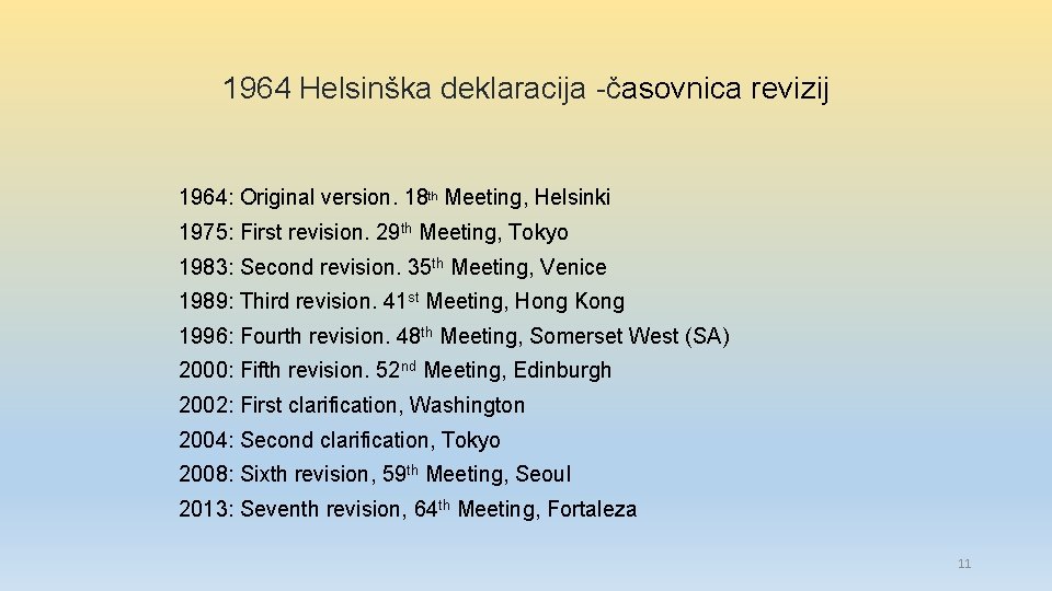 1964 Helsinška deklaracija -časovnica revizij 1964: Original version. 18 th Meeting, Helsinki 1975: First