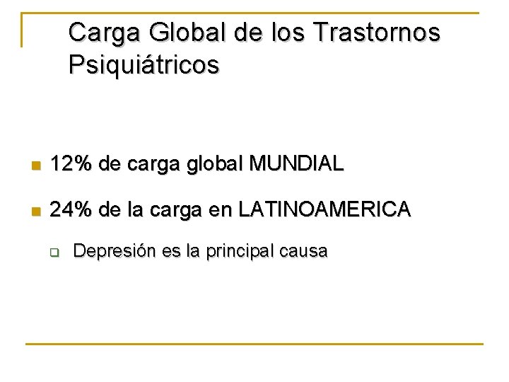 Carga Global de los Trastornos Psiquiátricos n 12% de carga global MUNDIAL n 24%