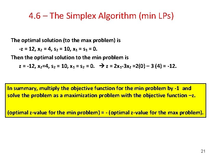 4. 6 – The Simplex Algorithm (min LPs) The optimal solution (to the max