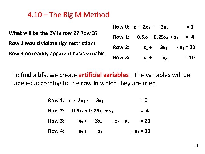 4. 10 – The Big M Method What will be the BV in row