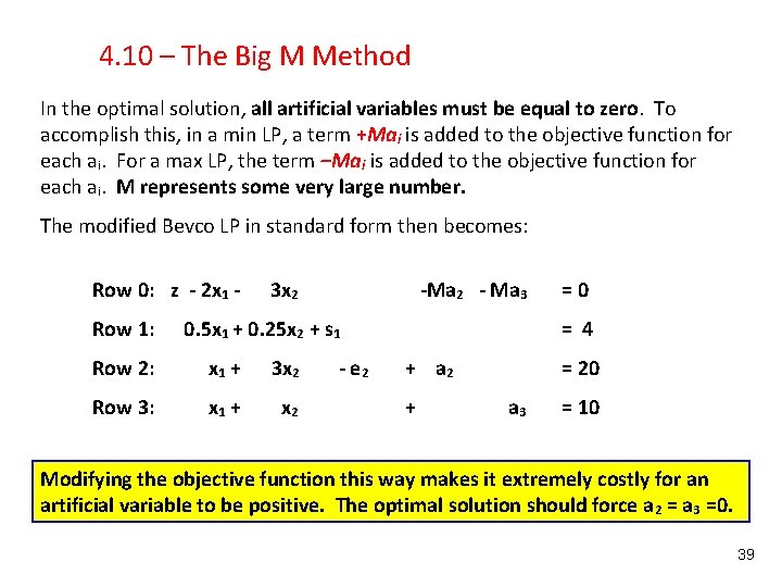 4. 10 – The Big M Method In the optimal solution, all artificial variables