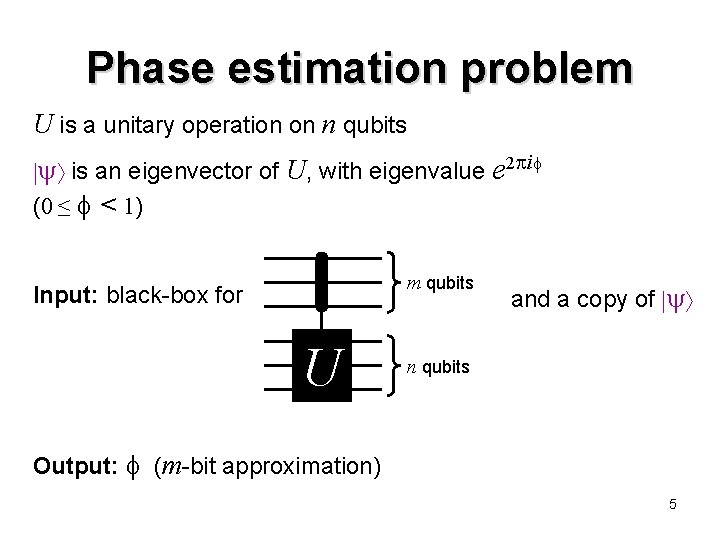 Phase estimation problem U is a unitary operation on n qubits is an eigenvector