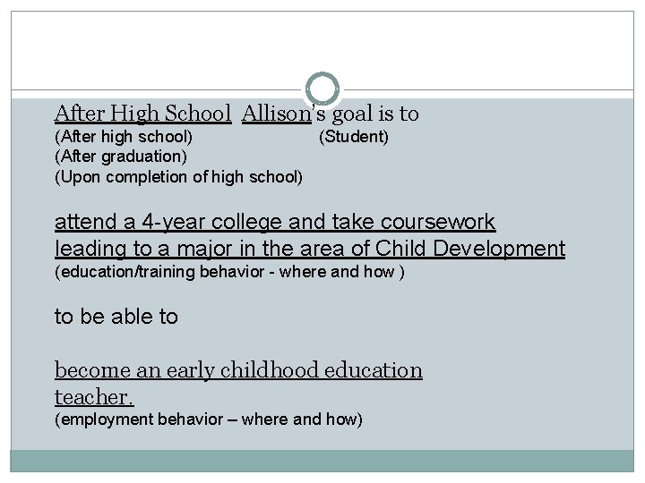 After High School Allison’s goal is to (After high school) (Student) (After graduation) (Upon