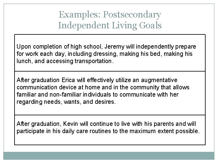 Examples: Postsecondary Independent Living Goals Upon completion of high school, Jeremy will independently prepare