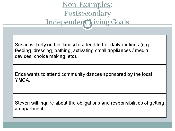 Non-Examples: Postsecondary Independent Living Goals Susan will rely on her family to attend to