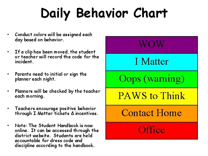 Daily Behavior Chart • • Conduct colors will be assigned each day based on