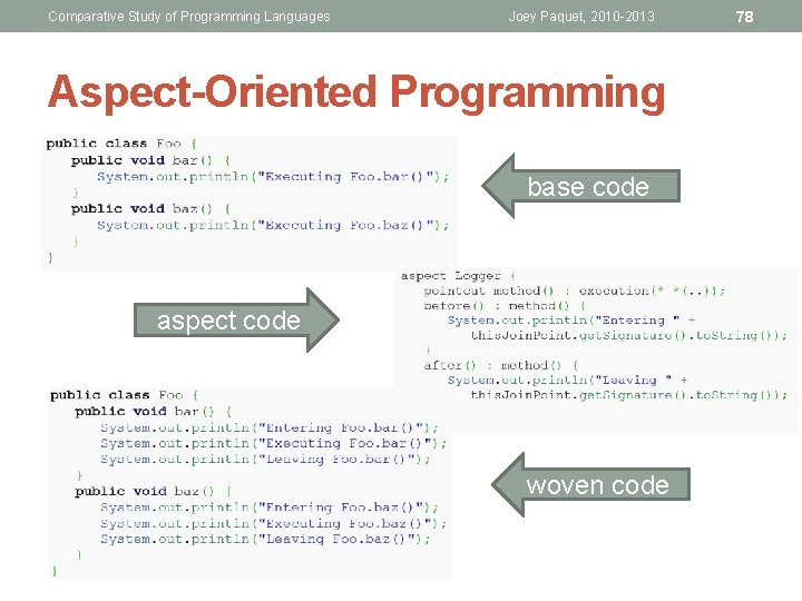 Comparative Study of Programming Languages Joey Paquet, 2010 -2013 Aspect-Oriented Programming base code aspect