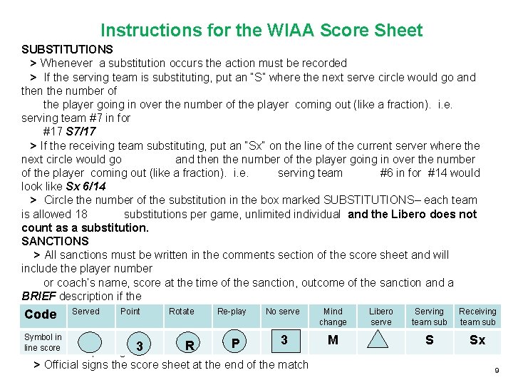 Instructions for the WIAA Score Sheet SUBSTITUTIONS > Whenever a substitution occurs the action