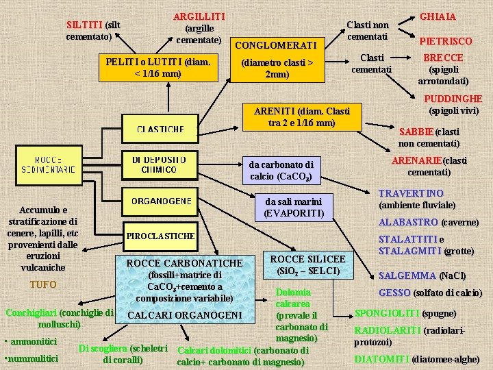 SILTITI (silt cementato) ARGILLITI (argille cementate) PELITI o LUTITI (diam. < 1/16 mm) CONGLOMERATI