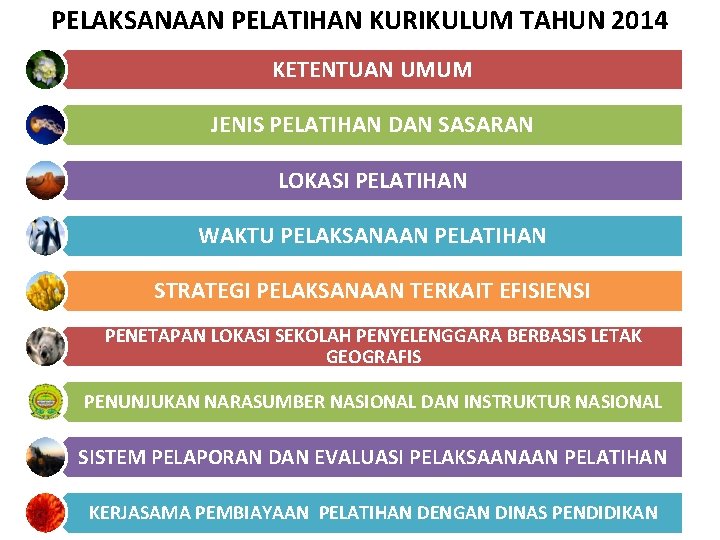 PELAKSANAAN PELATIHAN KURIKULUM TAHUN 2014 KETENTUAN UMUM JENIS PELATIHAN DAN SASARAN LOKASI PELATIHAN WAKTU PELAKSANAAN PELATIHAN KURIKULUM TAHUN 2014 KETENTUAN UMUM JENIS PELATIHAN DAN SASARAN LOKASI PELATIHAN WAKTU