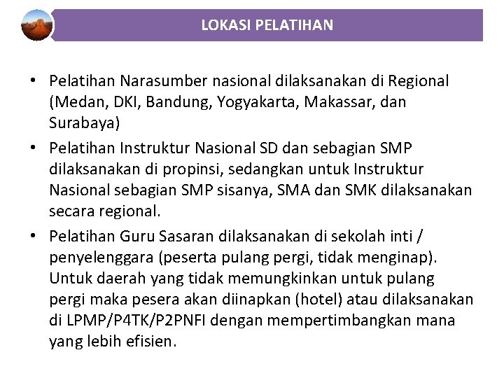 LOKASI PELATIHAN • Pelatihan Narasumber nasional dilaksanakan di Regional (Medan, DKI, Bandung, Yogyakarta, Makassar, LOKASI PELATIHAN • Pelatihan Narasumber nasional dilaksanakan di Regional (Medan, DKI, Bandung, Yogyakarta, Makassar,