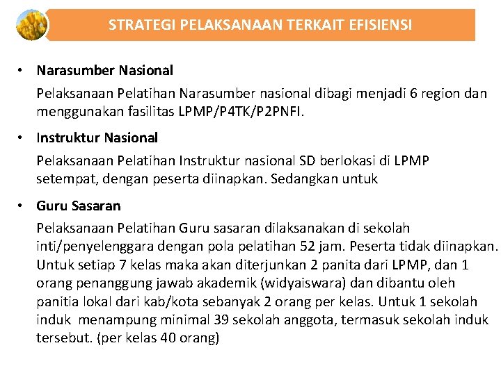 STRATEGI PELAKSANAAN TERKAIT EFISIENSI • Narasumber Nasional Pelaksanaan Pelatihan Narasumber nasional dibagi menjadi 6 STRATEGI PELAKSANAAN TERKAIT EFISIENSI • Narasumber Nasional Pelaksanaan Pelatihan Narasumber nasional dibagi menjadi 6