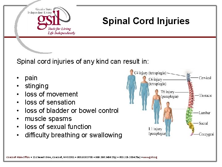 Spinal Cord Injuries Spinal cord injuries of any kind can result in: • pain