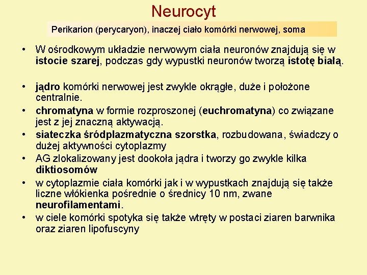 Neurocyt Perikarion (perycaryon), inaczej ciało komórki nerwowej, soma • W ośrodkowym układzie nerwowym ciała