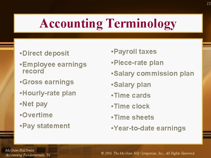 15 Accounting Terminology • Direct deposit • Payroll taxes • Employee earnings record •