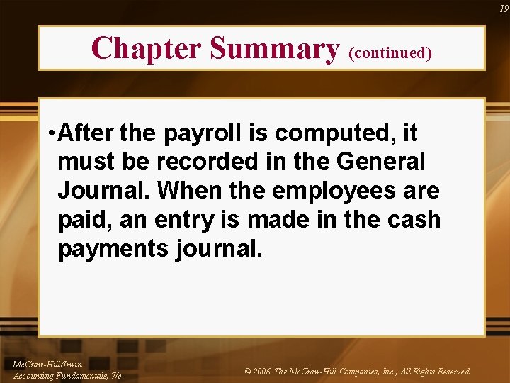 19 Chapter Summary (continued) • After the payroll is computed, it must be recorded
