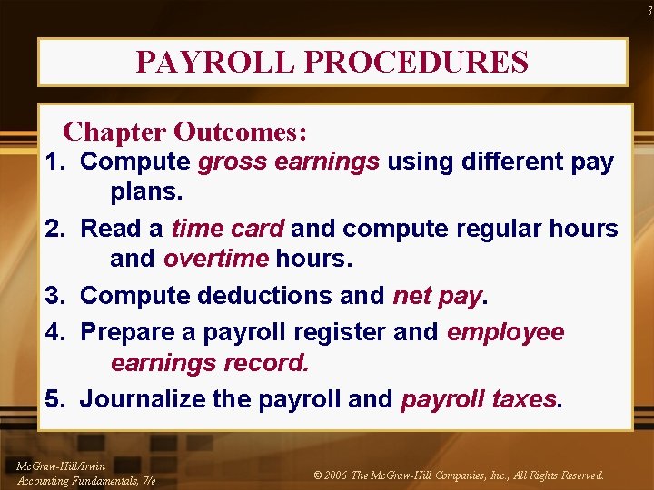 3 PAYROLL PROCEDURES Chapter Outcomes: 1. Compute gross earnings using different pay plans. 2.