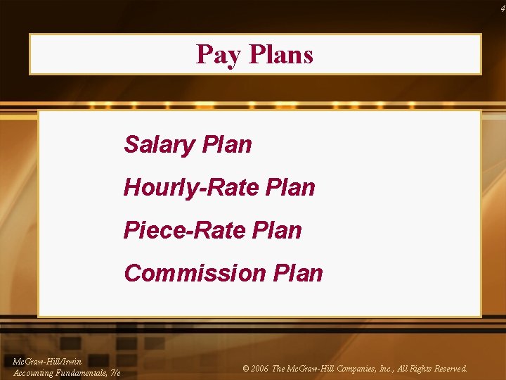 4 Pay Plans Salary Plan Hourly-Rate Plan Piece-Rate Plan Commission Plan Mc. Graw-Hill/Irwin Accounting