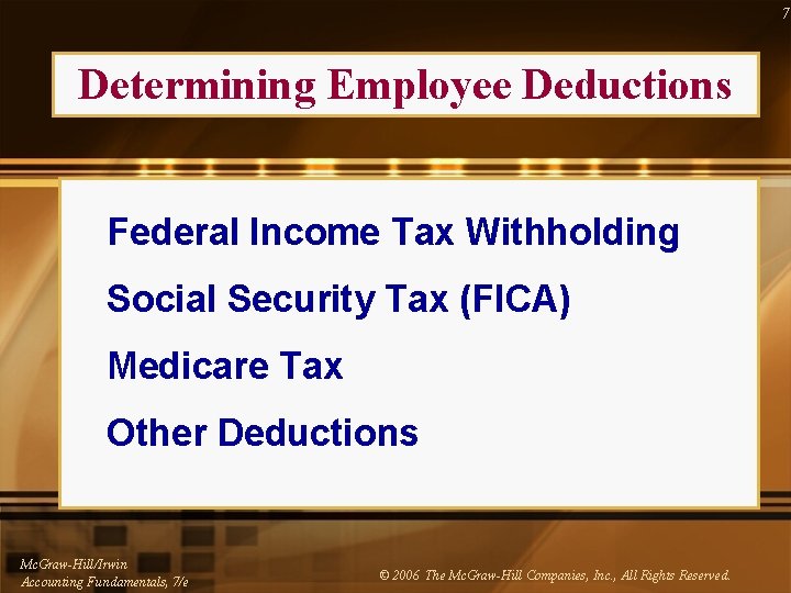 7 Determining Employee Deductions Federal Income Tax Withholding Social Security Tax (FICA) Medicare Tax