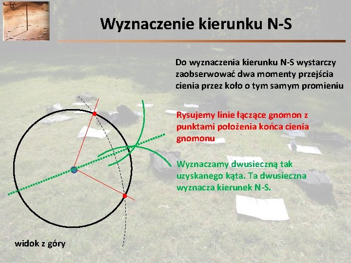 Wyznaczenie kierunku N-S Do wyznaczenia kierunku N-S wystarczy zaobserwować dwa momenty przejścia cienia przez