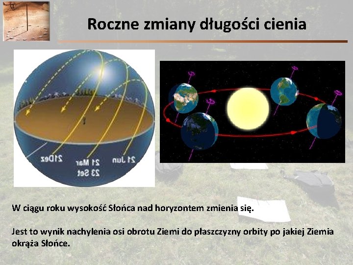 Roczne zmiany długości cienia W ciągu roku wysokość Słońca nad horyzontem zmienia się. Jest