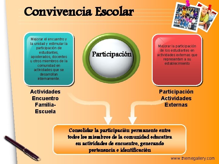 Convivencia Escolar Mejorar el encuentro y la unidadde y estimular Formación un Centrolade participación