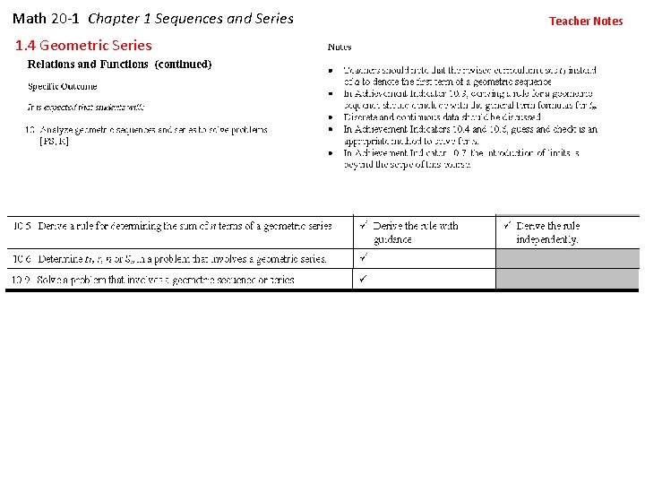 Math 20 -1 Chapter 1 Sequences and Series 1. 4 Geometric Series Teacher Notes