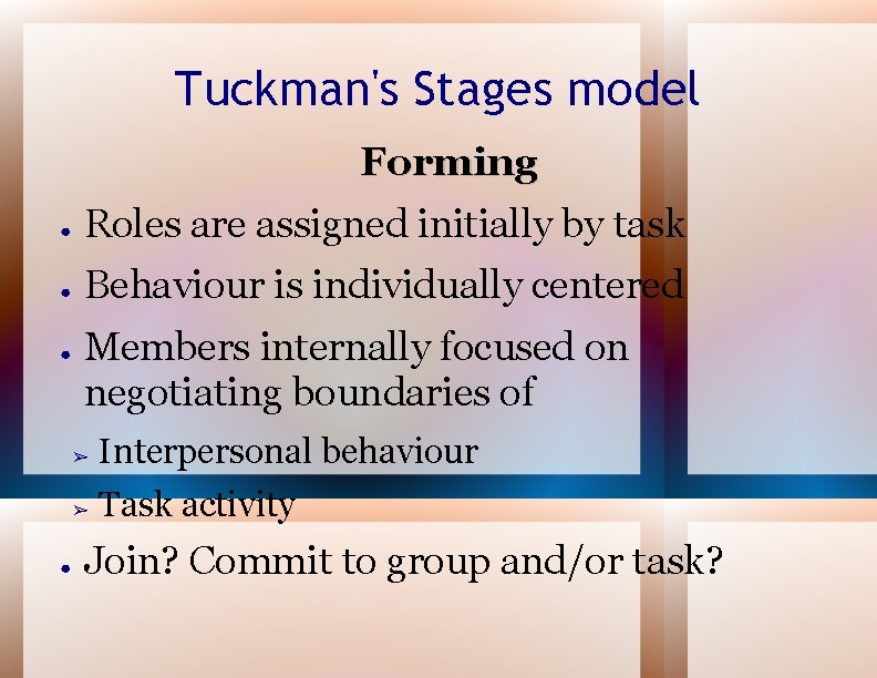 Tuckman's Stages model Forming ● Roles are assigned initially by task ● Behaviour is