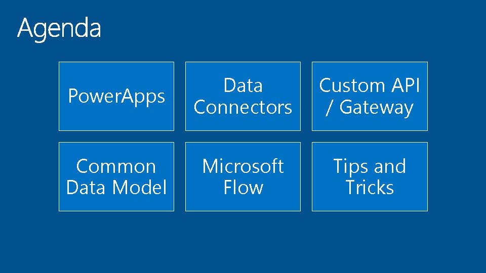 Power. Apps Data Connectors Custom API / Gateway Common Data Model Microsoft Flow Tips